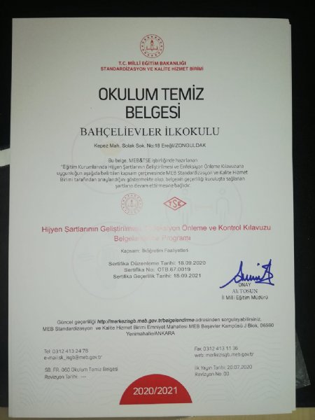 Bahçelievler İlkokulu’na “Okulum Temiz” belgesi…  İLKOKULLAR ARASINDA İLK - 2