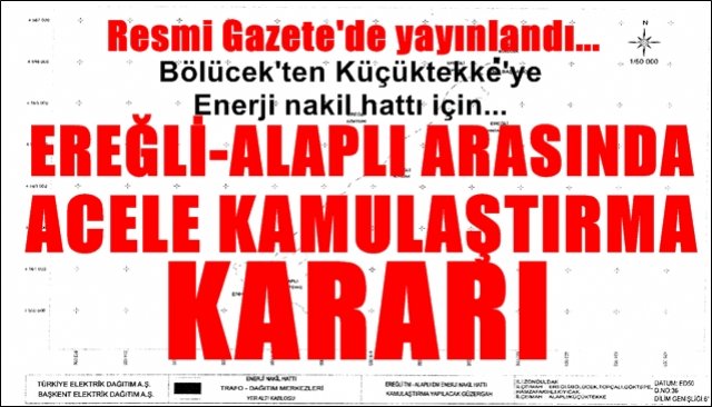 Ereğli Alaplı ve Çayc uma Gökçebey Enerji Nakil hatları için… ACELE KAMULAŞTIRMA KARARI