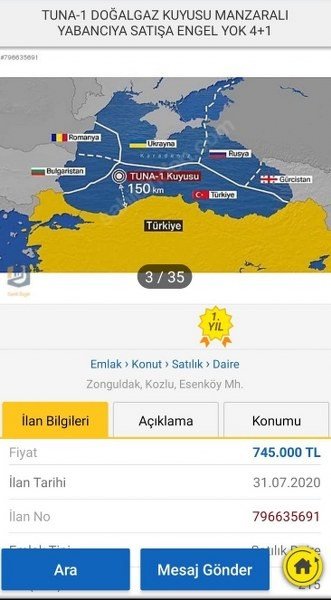 ´´Tuna-1 doğalgaz kuyusu manzaralı´´ sahibinden satılık daire! - 1