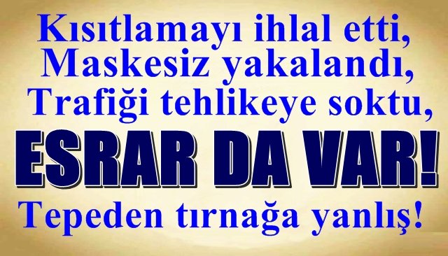 Trafiği tehlikeye soktu, Kısıtlamayı ihlal etti, Maskesiz yakalandı, ESRAR DA VAR!