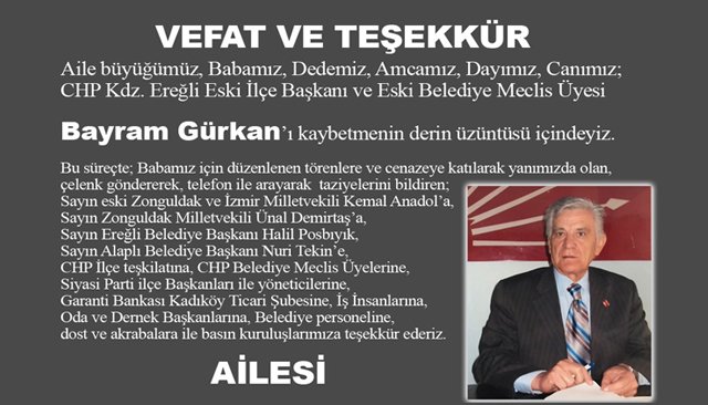 GÜRKAN AİLESİNDEN VEFAT VE TEŞEKKÜR