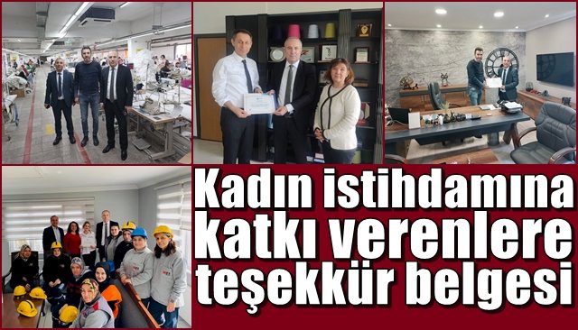 Kadın istihdamına katkı verenlere teşekkür belgesi