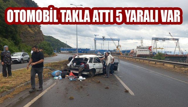 OTOMOBİL TAKLA ATTI 5 YARALI VAR